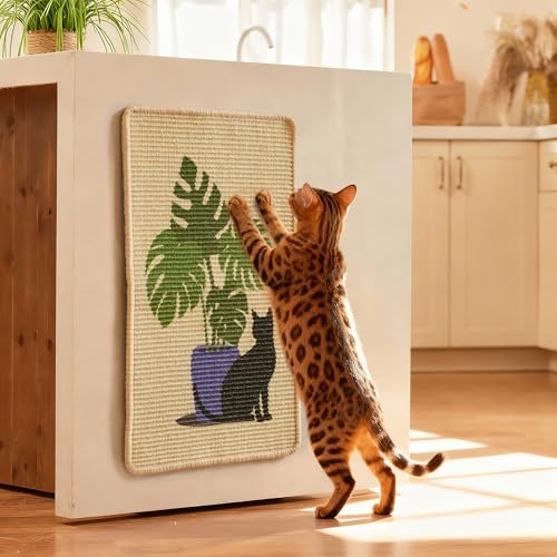 FUKUMARU Sisal Cat Scratching Mat, 23.6 x 15.7 Inch Cat Scratch Pad Wall - color: Monstera-23.6 x 15.7 Inch