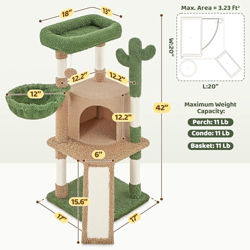 Yaheetech 42in Brown Cactus Cat Tree Tower with Scratching Posts and Condo - color: Brown/Green
