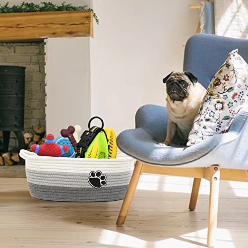Small Woven Baskets for Organizing Rope Storage Basket with Handle Cute Cotton Basket for Nursery Gift Dog Toy Storage Bins for Toy Organizer Grey-white - color: Grey-white
