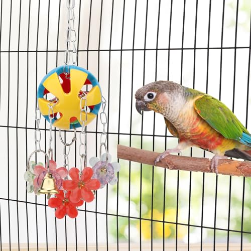Hypeety Parrot Ball Toy Plastic Colorful Bird Chew Ball with Bells for Cage - color: Multicolor Ball with Plastic Flowers