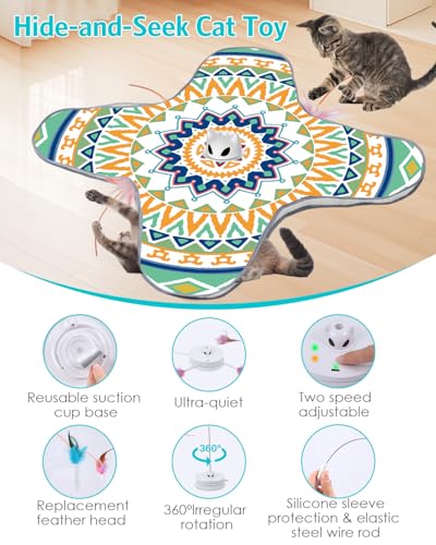 Interactive Cat Toy, Rechargeable Cat Toys for Indoor Cats, Automatic Cats Chasing Toy, Hide & Seek, 2 Modes, Self-Holding Suction Base, 3-in-1 Feather Toys with 1 Teaser Pole, 4 Replacements