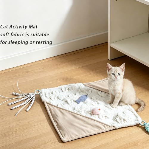 Cat Crinkle Play Mat with Catnip Interactive Cats Activity Mat for Indoor - color: Beige