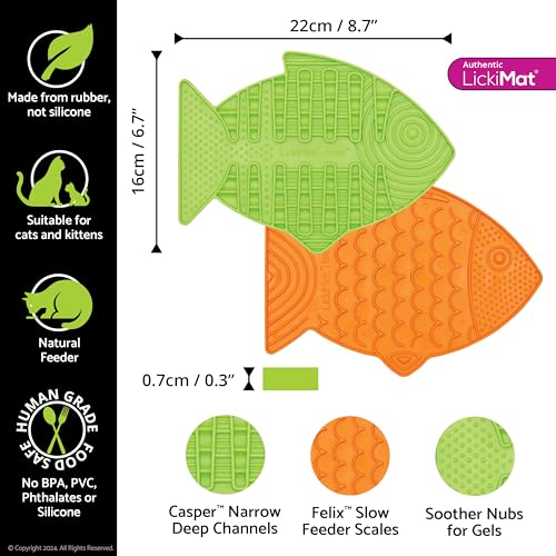 Lickimat Casper & Felix, Fish-Shaped Cat Slow Feeders Lick Mat, Boredom Anxiety Reducer; Perfect for Food, Treats and Anxiety Reduction. (Green & Orange) - color: Green & Orange