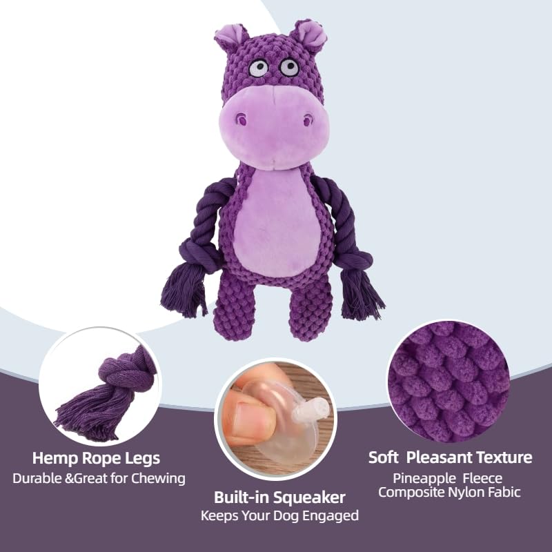 Plush Hippo Dog Toy with Squeaker and Crinkle Paper for Puppies - color: Purple