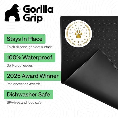 GORILLA GRIP Dog Food Mat, 100% Waterproof Silicone, 16x10 Black - color: Black, size: 16"l X 10"w