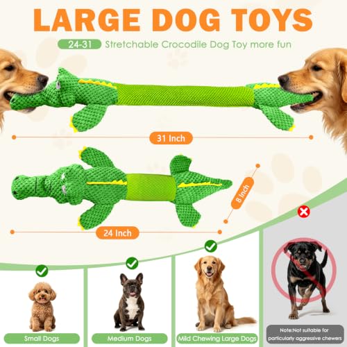 WOWBALA Dog Squeaky Toys Stretchable Crocodile for Interactive Tug of War - color: Green