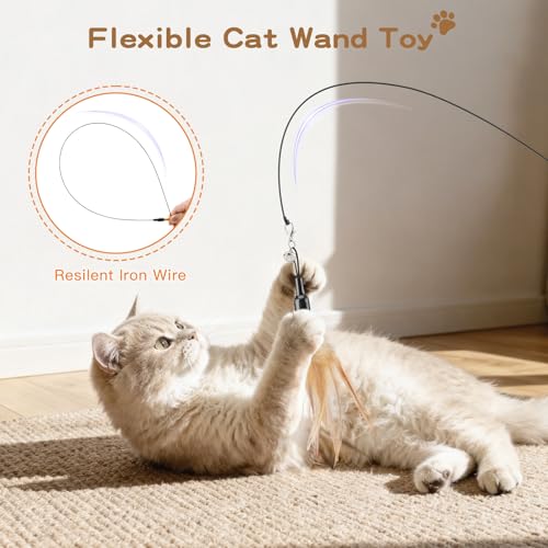 Pawaboo Cat Feather Wand Interactive Toy, 2 Feathers + 1 Wand with Bell - color: A-Brown