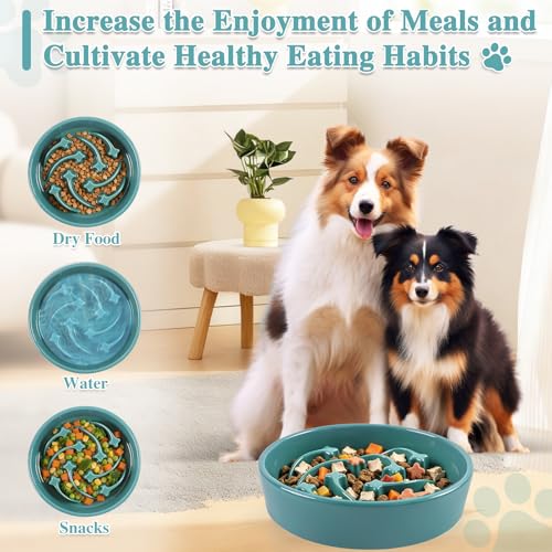 Ceramic Slow Feeder Dog Bowls,2 Cups Dog Food Dish for Medium & Large Breed - color: Dark Green-L