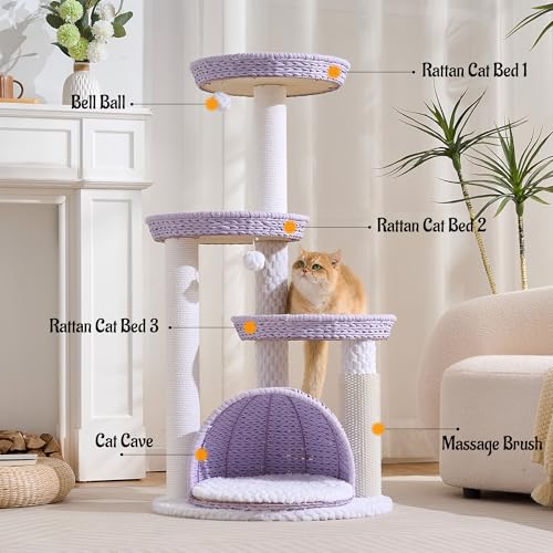 HITTITE Modern Cat Tree Tower with Scratching Post, 46 Inches Tall Cat Towers with Woven Cat Nests and Cave, Multi-Level Cat Tree With Removable Cushions and Massage Brush for Indoor Cats Large Adult. - color: 46"-Purple