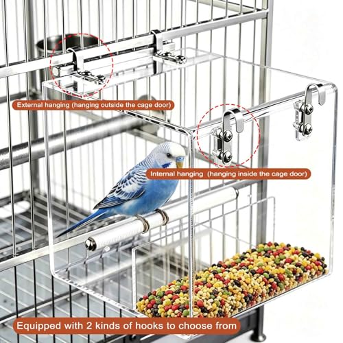 Hanging No Mess Bird Feeder for Cage, Transparent Acrylic Bird Feeder Cage - size: 5.1"L x 4.3"W x 5.1"H