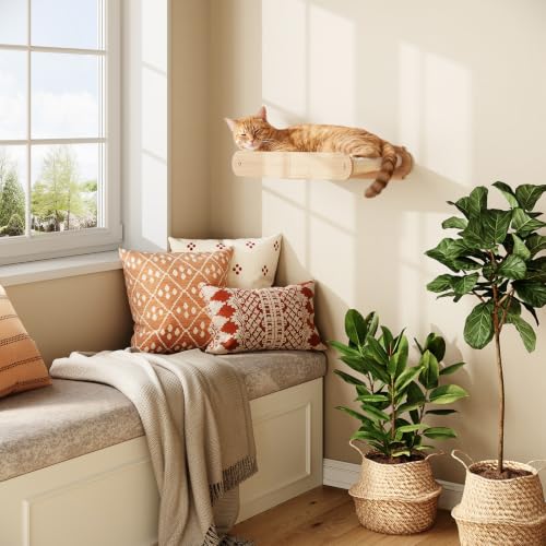 HOOBRO Wooden Cat Hammock with Soft Fabric, Cat Shelves & Furniture, Wall Mounted Cat Beds and Perches for Lounging, Playing, Sleeping, Holds up to 40 lb, Easy to Install, Natural NL03CS03N2