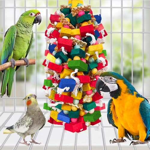Extra Large Bird Toys for Macaws Cockatoos Amazons Chew - Natural Wood Parrot Chewing Toy with Foraging, Bird Cage Activity Center - color: Colorful Wooden Blocks
