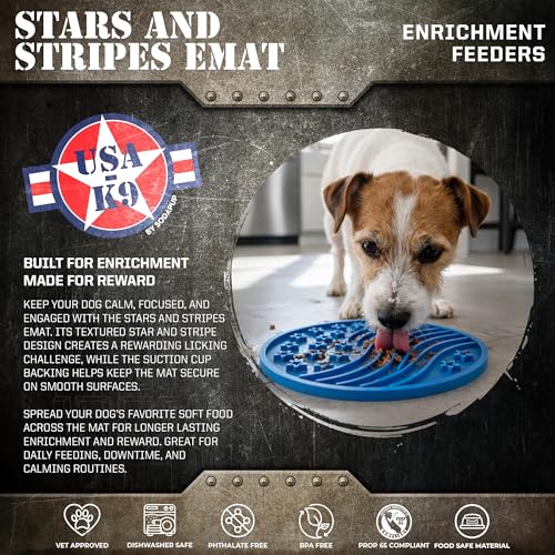SodaPup USA K9 Stars and Stripes eMat – Durable Enrichment Feeder Lick Mat for Dogs & Cats, Non Toxic Pet Safe Food Safe Material, Made in USA, Slow Feeder for Calming & Digestive Health - color: Blue Stars and Stripes Lick Mat