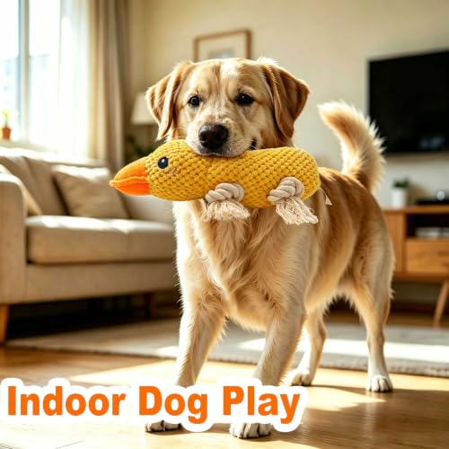 Yellow Duck Plush Chew Dog Toy, 11.2 in, Squeaker and Rope - color: Yellow Duck