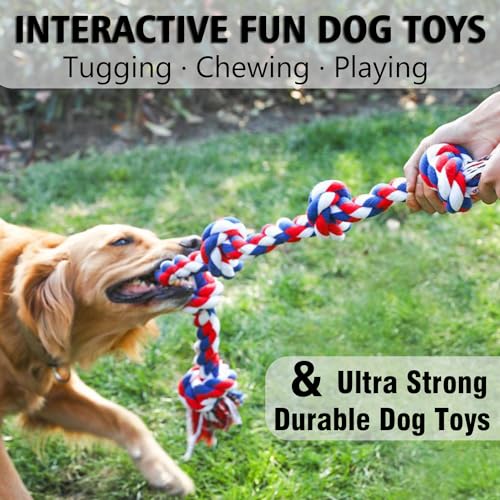 XIGOU Dog Rope Toys for Large Dogs Aggressive Chewers, Dog Chew Toys for Large Breed Indestructible, Heavy Duty Tough 3 Feet 5 Knots Dog Toy, Sturdy Rope toy for Dogs Tug of War Dog Toy Teeth Cleaning - color: Blue & Red