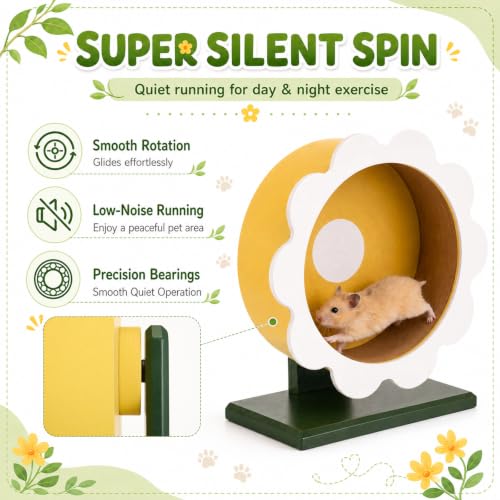 Novabright 9 Inch Hamster Wooden Silent Wheel, Flower Design Small Animal Exercise Wheel, Quiet Spinner Hamster Running Wheels Prevent Depression Toys for Hamsters, Gerbils, Mice and Other Small Pets