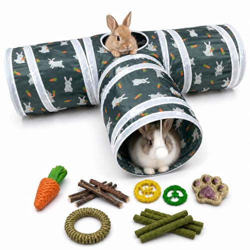 Rabbit Tunnel Toy, Collapsible 3-Way Hideout Tunnel with Chew Toys for Rabbits, Guinea Pigs, Ferrets, Kittens & Small Pets - Gray & White Bunny Carrot Design Hideout (33"x20"x9.5")