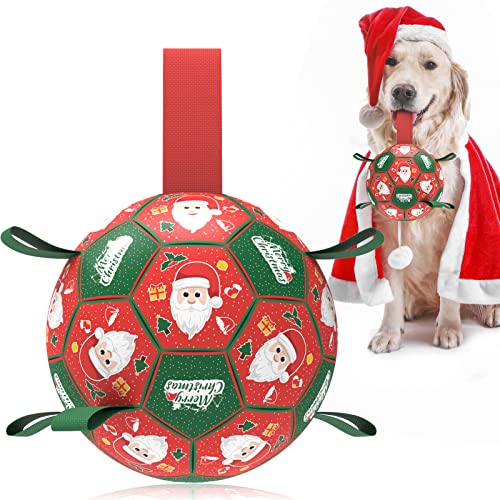 QDAN Christmas Dog Toys: Soccer Ball with Straps for Outdoor Play, Tug of War, Puppy Gifts - Durable 8-Inch Balls for Medium Large Dogs - color: Christmas 1, size: Large Size 3 (8 Inch)