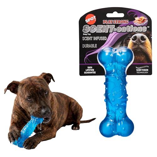 SPOT Play Strong Scent-sations Bone - Scent-Infused, Strong, Durable TPR Rubber, Heavy Duty Dog Toys for Aggressive Chewers up to 45lbs, Perfect for Puppies & Medium Breeds, 6in, Bacon Flavored - color: Blue, size: 6 in