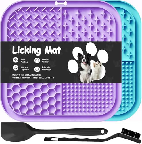 Azyh 2 PCS Licking Mat for Dogs & Cats with Suction Cups, Dog Slow Feeder Lick Pat for Anxiety Relief, Dog Toys Feeding Mat for Butter Yogurt Peanut, Pets Bathing Grooming Training Mat (7.9''*7.9'') - color: Cyan&Purple Square
