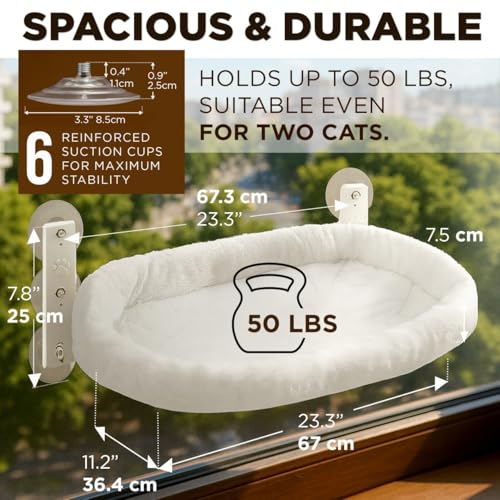 Cat Window Perch – Strong 6 Suction Cup Foldable Cat Hammock Bed for Large Cats and Kittens that Holds up to 50 lbs with Washable Reversible Cover, Sturdy Metal Frame for Window (White) - color: White
