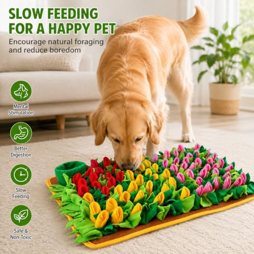 Snuffle Mat for Dogs and Small Pets, 22.8" x 15.4" Tulip Flower Interactive Foraging Feeding Mat, Portable Durable Polyester Nosework Pad, Slow Feeder Toy for Puppies, Rabbits, Cats and Hamsters