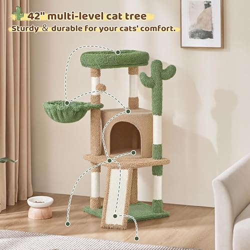 Yaheetech 42in Brown Cactus Cat Tree Tower with Scratching Posts and Condo - color: Brown/Green