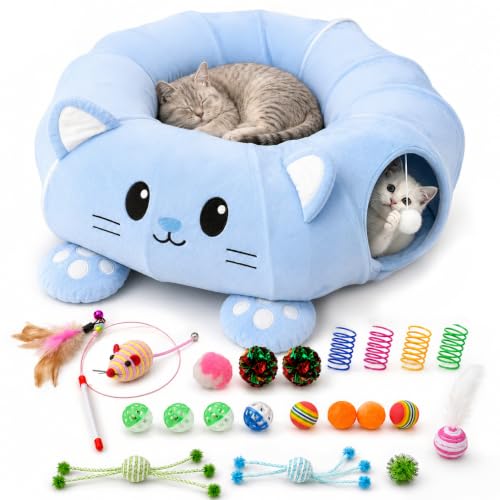 Cat Tunnel Bed with 21 Interactive Toys - color: Blue, Kitten Pattern