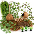 RUNANIA Crested Gecko Tank Accessories, Reptile Hanging Plants Vines with Natural Double Coconut Hideout & Climbing Ladder Decor for Hermit Crab Lizard Leopard Gecko Chameleon Snake Terrarium Decor - size: Large