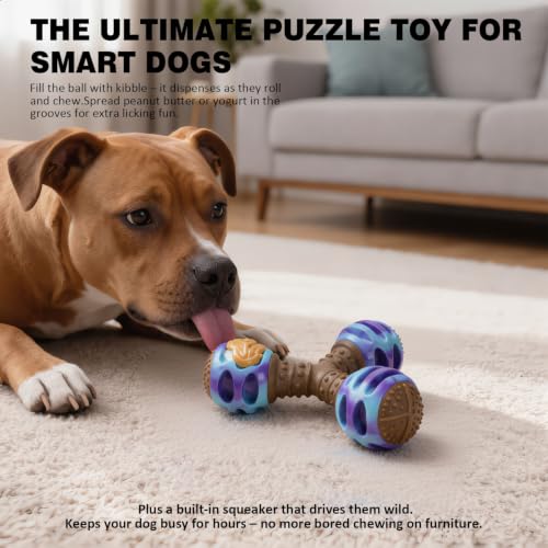 MECOOL Durable Dog Chew Toys for Medium Dogs - Squeaky Rubber Balls with Nylon Reinforcement, Interactive Lick & Chew Toy for Aggressive Chewers, Pet Teething Toy Blue,Bacon Flavored - color: Blue