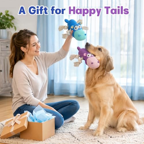 TOOPTATE 2-Pack Squeaky Hippo Dog Toys, Blue & Purple, Medium - color: Blue + Purple, size: Medium