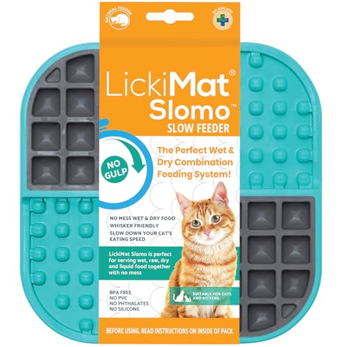 LickiMat Slomo, Cat Slow Feeder Lick Mat, Boredom Anxiety Reducer; Perfect for Food, Treats, Yogurt, or Peanut Butter. Fun Alternative to a Slow Feed Cat Bowl or Dish, Turquoise - color: Turquoise