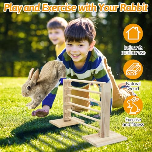 kathson Rabbit Jump Bar, Natural Wood Toy Set Adjustable Height Jump Hurdle Bar Rabbit Exercise Obstacle Training Games