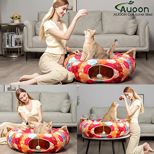 AUOON Cat Donut Tunnel with Bed for Kitten Puppy Rabbit Ferret, Orange - color: Orange