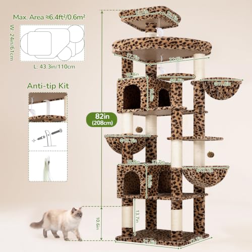Globlazer 82in Leopard Extra Large Cat Tree for Indoor Large Cats, S82 - color: Leopard Print