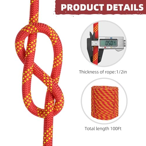 1/2 Inch Static Climbing Rope (200 Ft) - 9000lbs High Strength Arborist Bull Rope for Tree Pulling, Rigging & Rappelling - 48 Strand Polyester Braided Core, Red - size: 1/2in x 200ft, style: Red