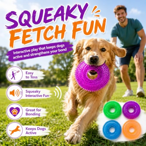 Dog Chew Toys for Aggressive Chewers, Squeaky Floating Donut Rings, 4 Pack - color: 4 Colors