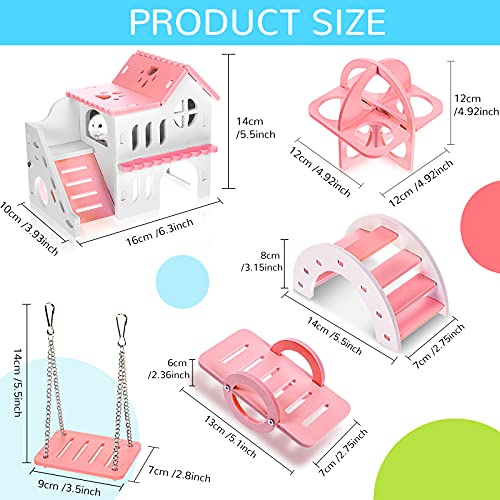 Skylety 5 Pcs Hamster Toys Wooden Accessories, 6.3 x 3.93 x 5.5 inch, Pink - color: Pink