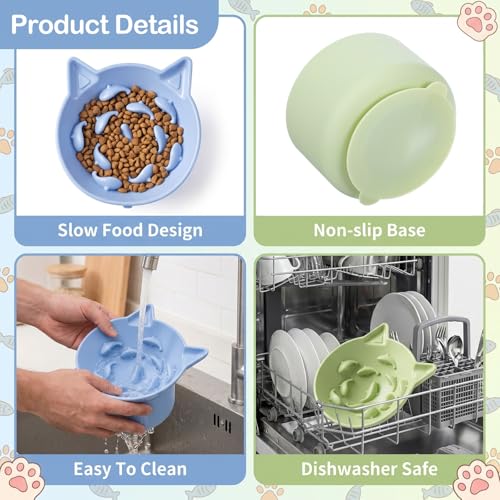 2 Pack Elevated Slow Feeder Cat Bowl for Dry and Wet Food, Silicone Cat Slow Feeder, Tilted Design with Non Slip Base for Digestion Anti Vomit, Adjustable Angle (Green, Blue)