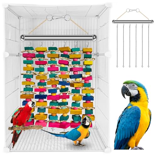 Large Bird Toys for Macaws, Stainless Steel Multicolored Wooden Blocks Bird Chewing Toy Parrot Cage Bite Toy for Macaws Cokatoos African Grey and Large Medium Parrot Birds - color: COLORFUL AND SILVER