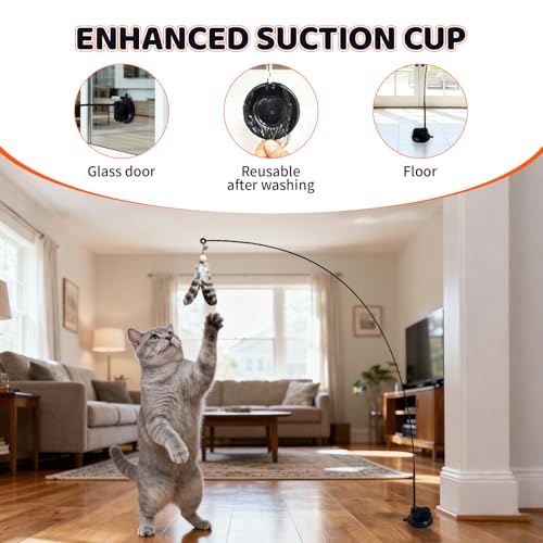 Interactive cat Feather Toy, Fishing Rod Feather Toy, Replaces Simulated Bird Feathers, Reinforced Suction Cup, Suitable for Indoor use.