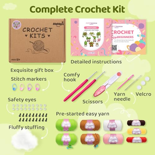 Mewaii Crochet Kit for Beginners, 9 Pack Plant Kit Craft Set - color: Green,Brown, White and Pink