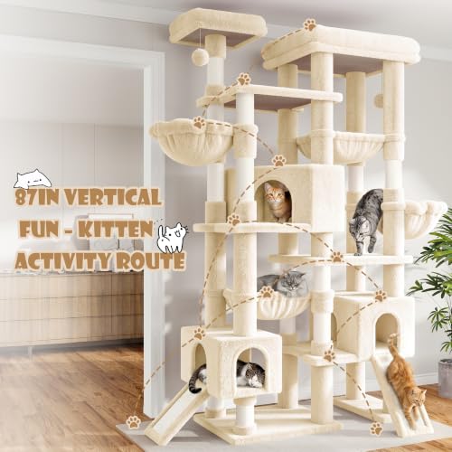 SHA CERLIN 87 in Multi-Level Tall Cat Tree Tower for Large Cats/Extra Wide Feline Activity Center/Sisal Scratching Posts/Wide Base/Cozy Plush Perches/Baskets/Hammocks/Toy Balls/Beige - color: Beige