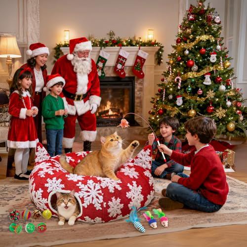 Red Christmas Tree Cat Tunnel Bed, Large Cat Tunnel Tree Skirt with Toys - color: Snowflake
