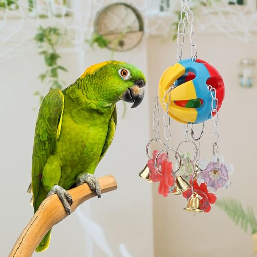 Hypeety Parrot Ball Toy Plastic Colorful Bird Chew Ball with Bells for Cage - color: Multicolor Ball with Plastic Flowers