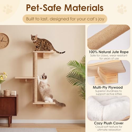 6-in-1 Cat Wall Shelves for Large Cats, Wall Mounted Climber with Hammock - color: White