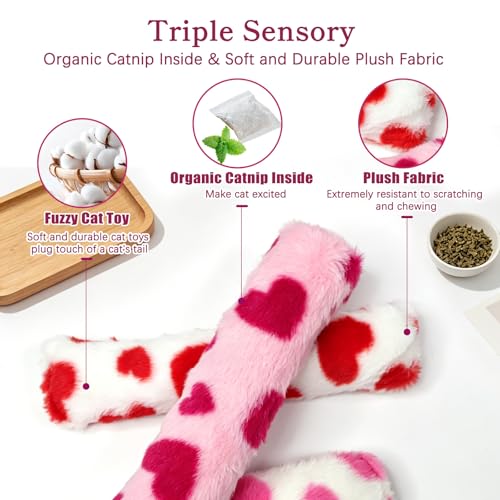 Plush Cat Pillow Toy with Catnip & Crinkle Paper, Interactive Kick Sticks for Cats, Soft Kitten Chew Bite Toys for Teeth Cleaning, Indoor Cat Enrichment Toys (Red Heart Toys 3 Pack) - color: Red Heart Toys 3 Pack