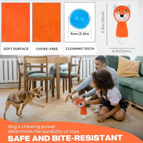 Fida Squeaky Dog Toys for Aggressive Chewers, 3 in 1, Tough Dog Ball - color: Orange Fox