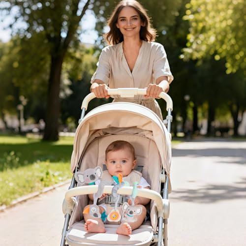 Baby Spiral Car Seat Toy, Stroller Hanging Sensory Toy for Newborn 0-12 Months, Soft Plush with Rattle Crinkle Teether, Koala Bird Activity Toy for Infant Boys Girls