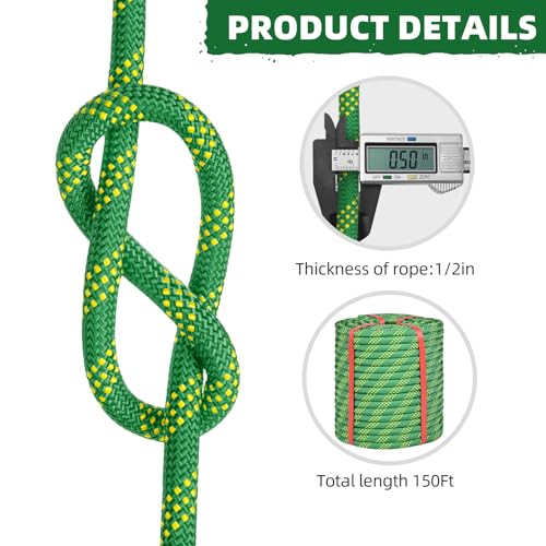 1/2 Inch Static Climbing Rope (150 Ft) - 9000lbs High Strength Arborist Bull Rope for Tree Pulling, Rigging & Rappelling - 48 Strand Polyester Braided Core, Green - size: 1/2in x 150ft, style: Green